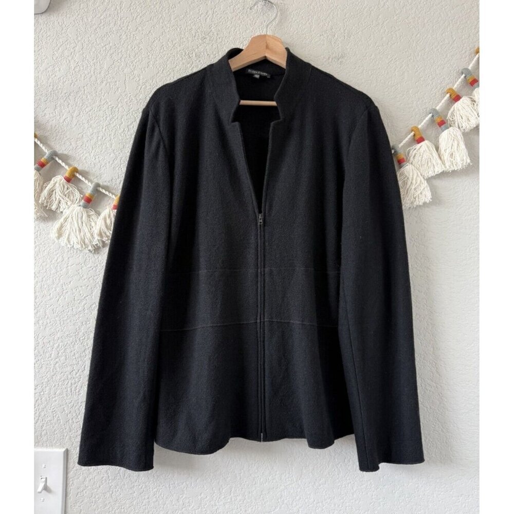 Eileen Fisher 100% Wool Knit V-Neck Zip Sweater Black Minimalist Modest Office L